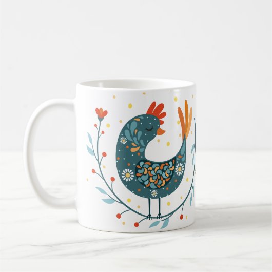 Blue rooster bird folk art "Good Morning" コーヒーマグカップ (左)