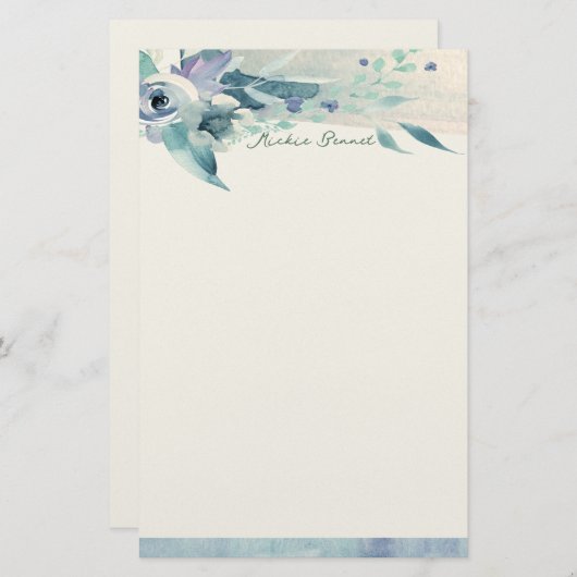 Blue Rose and Teal Personalized Stationery 便箋 (正面/裏面)