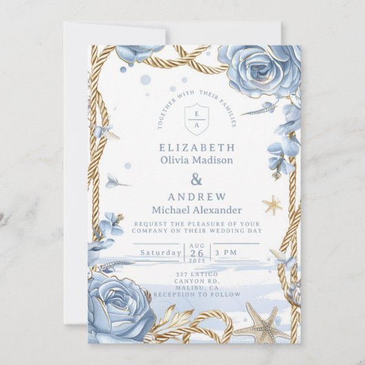 Blue Rose Coastal Rope Wedding 招待状 (正面)