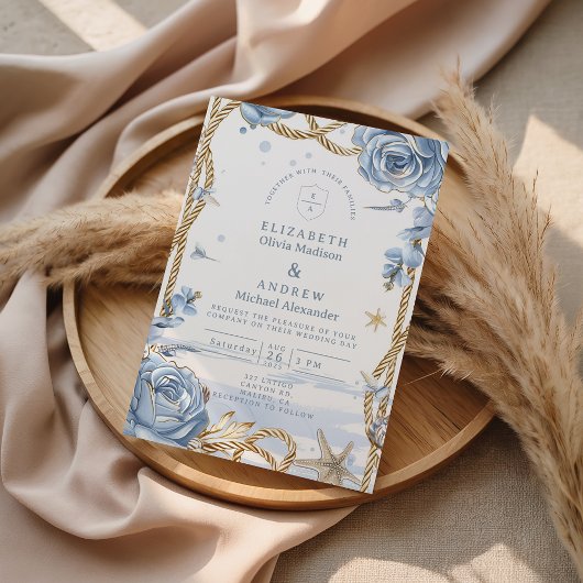Blue Rose Coastal Rope Wedding 招待状