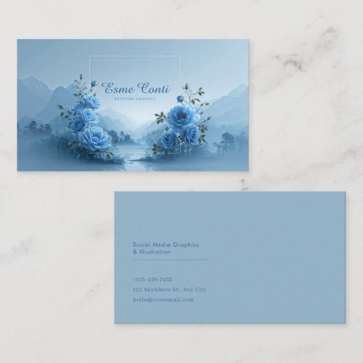 Blue Rose Floral and Misty Mountain Lake 名刺 (正面/裏面)