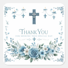 Blue Rose & Floral Cross Baptism Thank You Sticker スクエアシール