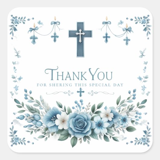 Blue Rose & Floral Cross Baptism Thank You Sticker スクエアシール (正面)