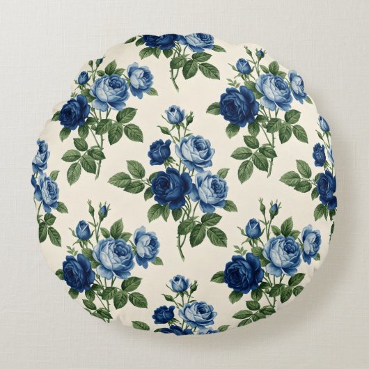 Blue Rose Floral Pattern ラウンドクッション (正面)