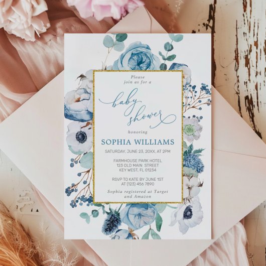 Blue Rose Flowers Baby Shower Invitation 招待状