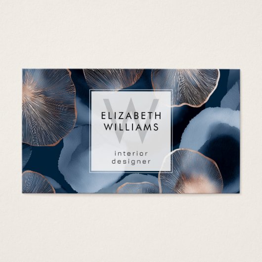 Blue Rose Gold Monogram Modern Business Card (正面)