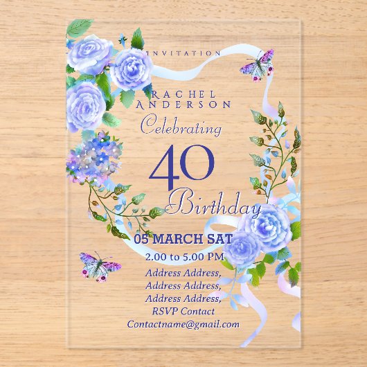 Blue Rose Ribbon 40th  Birthday Invitation アクリル招待状 (正面)