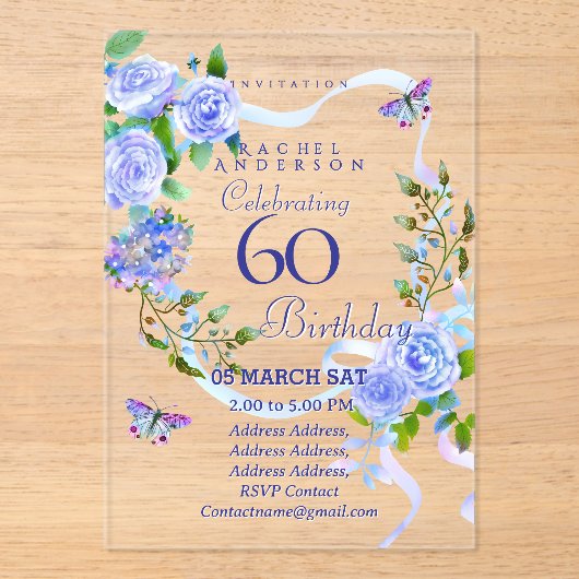 Blue Rose Ribbon 60th  Birthday Invitation アクリル招待状 (正面)