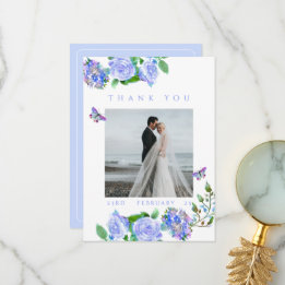 Blue Rose Ribbon Monogram Photo Wedding Thank You サンキューカード