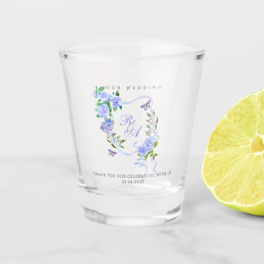 Blue Rose Ribbon Monogram Wedding  ショットグラス (正面)