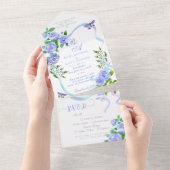 Blue Rose Ribbon Monogram Wedding Invitation オールインワン招待状 (貼ってはがせる)
