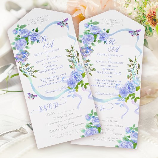 Blue Rose Ribbon Monogram Wedding Invitation オールインワン招待状