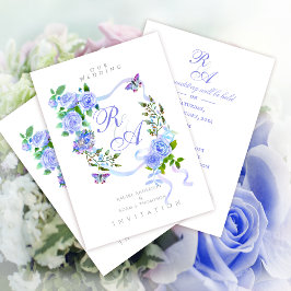 Blue Rose Ribbon Monogram Wedding Invitation 招待状