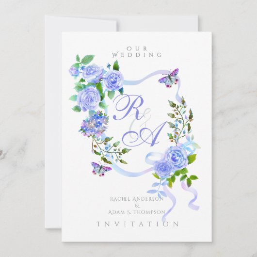 Blue Rose Ribbon Monogram Wedding Invitation 招待状 (正面)
