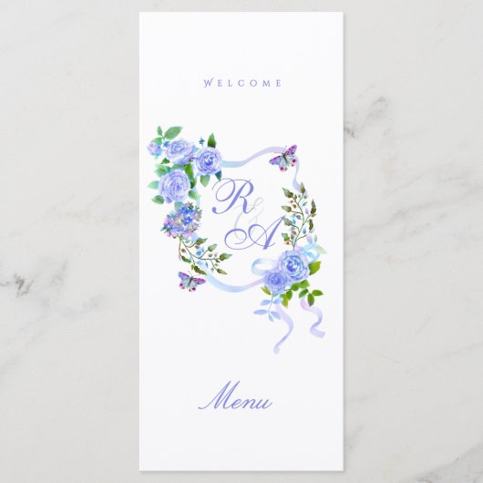 Blue Rose Ribbon Monogram Wedding Menu メニュー (正面)