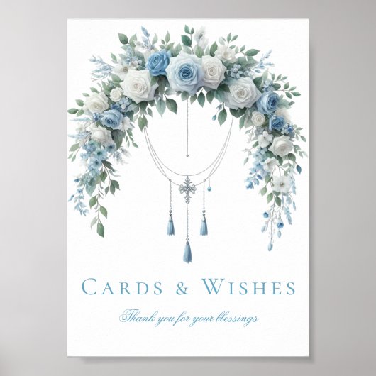 Blue Rose & Silver Cross Baptism Cards & Wishes  ポスター (正面)