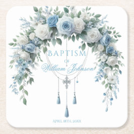 Blue Rose & Silver Cross Baptism Coaster スクエアペーパーコースター