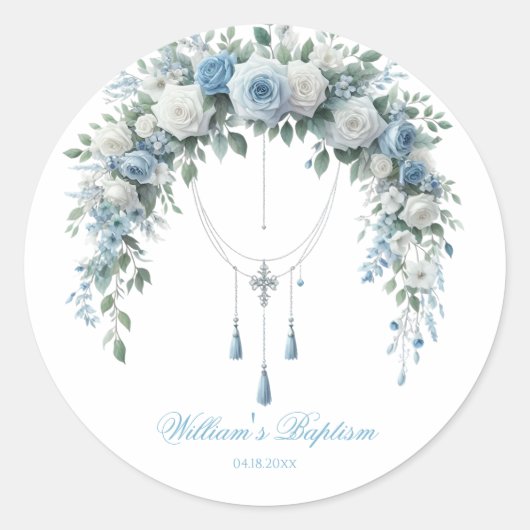 Blue Rose & Silver Cross Baptism Favor Sticker ラウンドシール (正面)