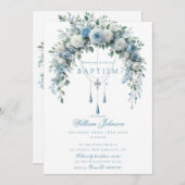 Blue Rose & Silver Cross Baptism Guest Book 招待状 (正面/裏面)