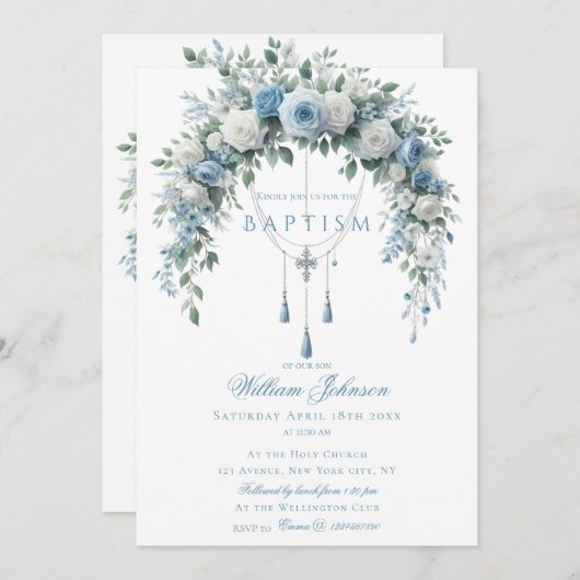 Blue Rose & Silver Cross Baptism Guest Book 招待状 (正面/裏面)