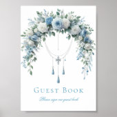 Blue Rose & Silver Cross Baptism Guest Book Sign ポスター (正面)