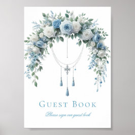 Blue Rose & Silver Cross Baptism Guest Book Sign ポスター