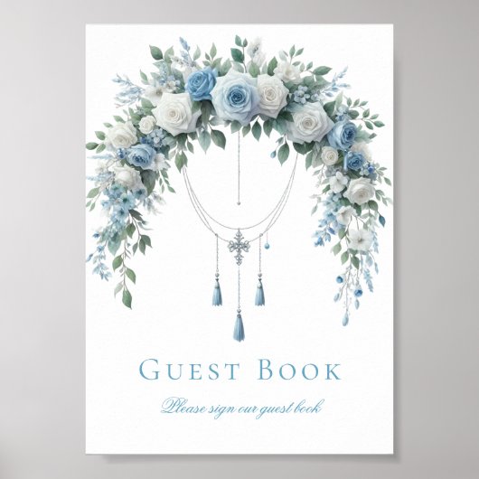 Blue Rose & Silver Cross Baptism Guest Book Sign ポスター (正面)