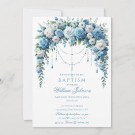 Blue Rose & Silver Cross Baptism Invitation 招待状