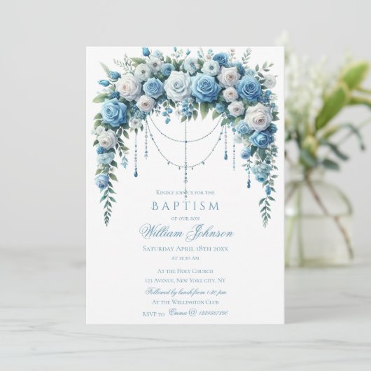 Blue Rose & Silver Cross Baptism Invitation 招待状 (スタンド正面)
