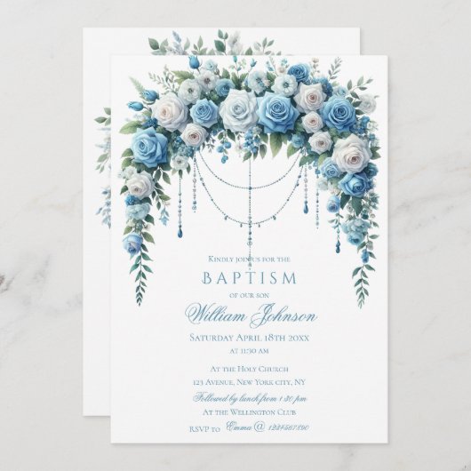 Blue Rose & Silver Cross Baptism Invitation 招待状 (正面/裏面)