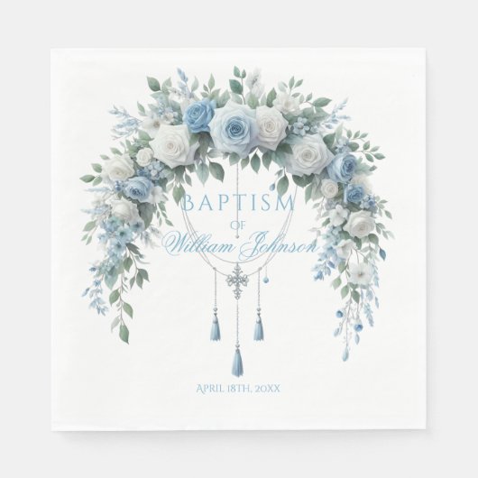 Blue Rose & Silver Cross Baptism Napkins スタンダードランチョンナプキン (正面)