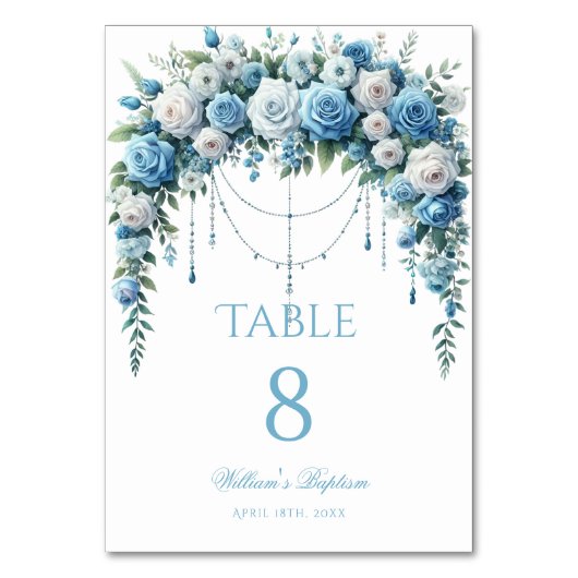 Blue Rose & Silver Cross Baptism Table Number テーブルナンバー (正面)