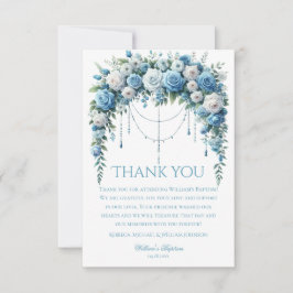 Blue Rose & Silver Cross Baptism Thank You Card サンキューカード