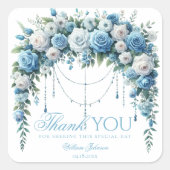 Blue Rose & Silver Cross Baptism Thank You Sticker スクエアシール (正面)