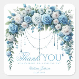Blue Rose & Silver Cross Baptism Thank You Sticker スクエアシール