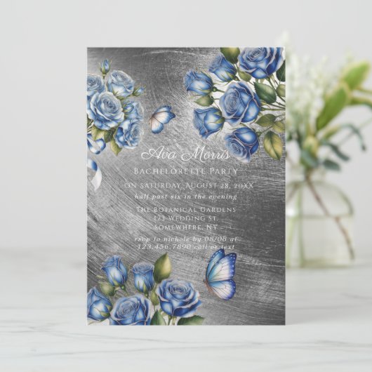 Blue Roses Butterfly Silver Bachelorette Party 招待状 (スタンド正面)