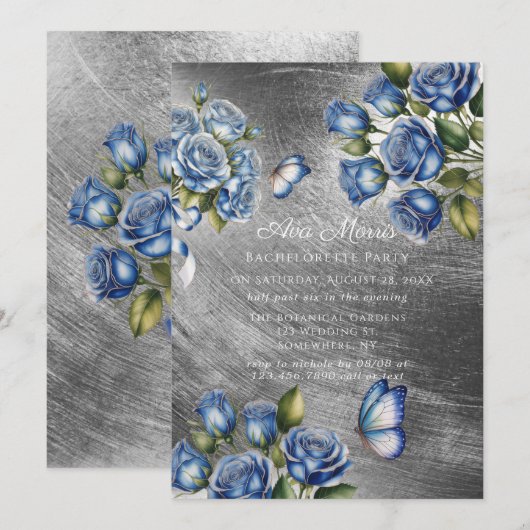Blue Roses Butterfly Silver Bachelorette Party 招待状 (正面/裏面)
