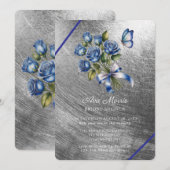 Blue Roses Butterfly Silver Bridal Shower 招待状 (正面/裏面)