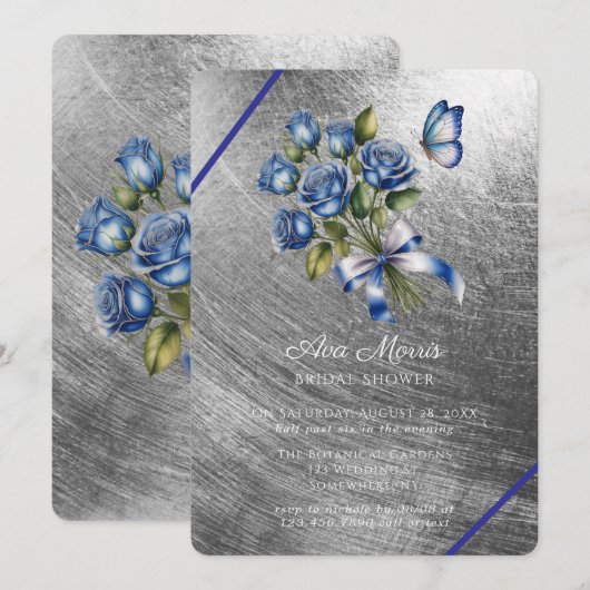 Blue Roses Butterfly Silver Bridal Shower 招待状 (正面/裏面)