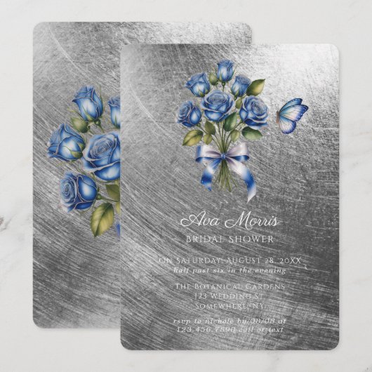 Blue Roses Butterfly Silver Bridal Shower 招待状 (正面/裏面)
