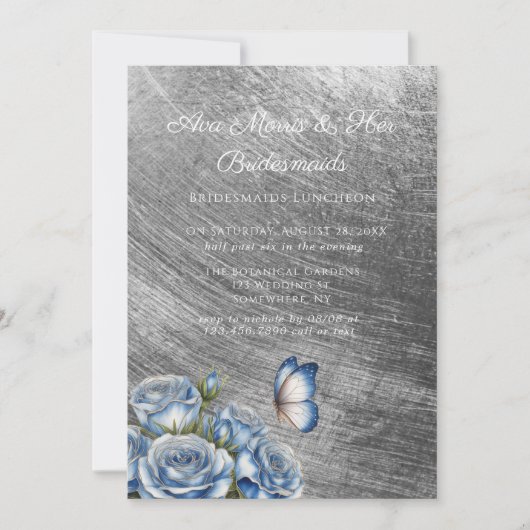 Blue Roses Butterfly Silver Bridesmaids Luncheon 招待状 (正面)