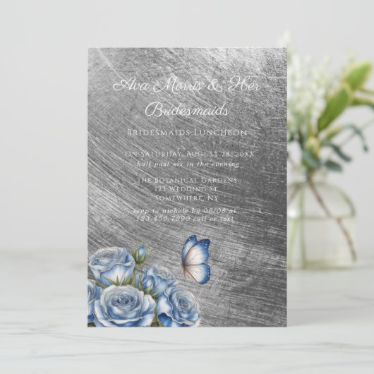 Blue Roses Butterfly Silver Bridesmaids Luncheon 招待状 (スタンド正面)