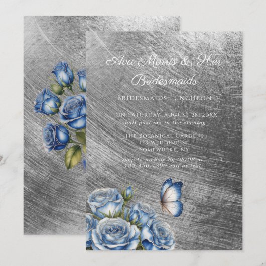 Blue Roses Butterfly Silver Bridesmaids Luncheon 招待状 (正面/裏面)