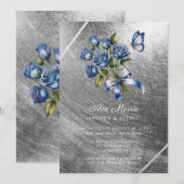 Blue Roses Butterfly Silver Brunch & Bubbly 招待状 (正面/裏面)