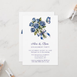 Blue Roses Butterfly Silver Engagement Party 招待状