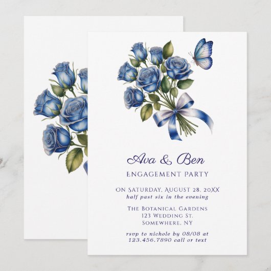 Blue Roses Butterfly Silver Engagement Party 招待状 (正面/裏面)