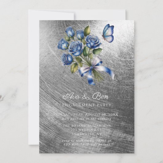Blue Roses Butterfly Silver Engagement Party 招待状 (正面)