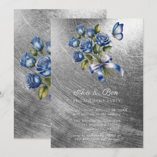 Blue Roses Butterfly Silver Engagement Party 招待状 (正面/裏面)