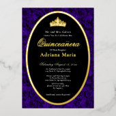 Blue Roses Elegant Gold Floral Quinceanera   箔招待状 (正面)