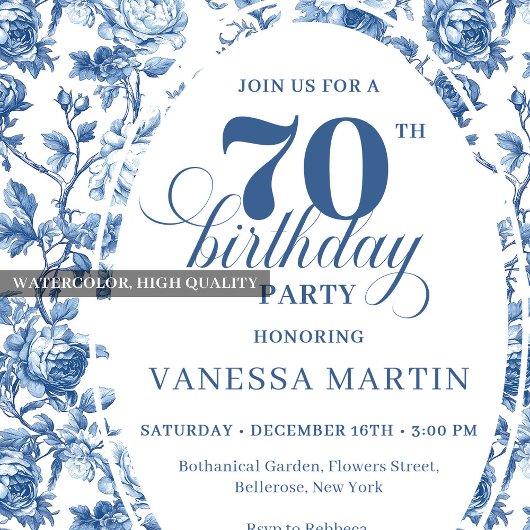 Blue Roses Luxe 70th Birthday Invitation 招待状